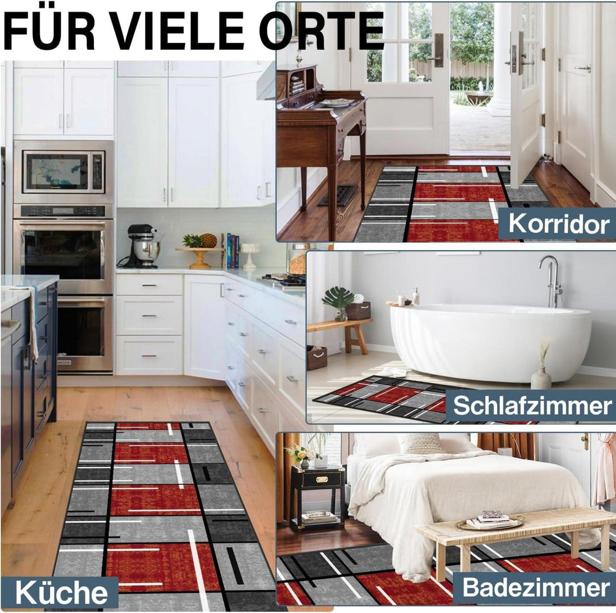 Teppichläufer Flur 60x200cm Modern Rutschfest Waschbar Rot Kariert