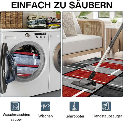 Teppich Läufer rutschfest 80x150 cm Modern Rot Kariert Waschbar