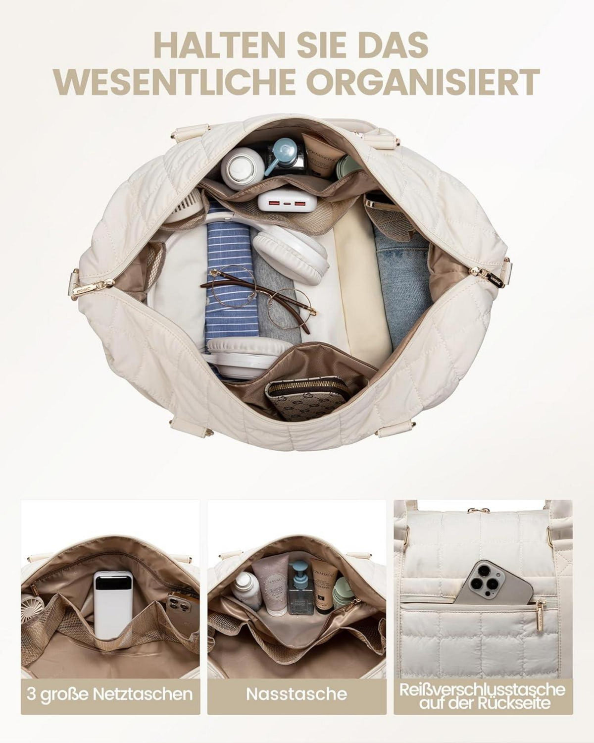 Reisetasche Damen Leicht Weekender Handgepäck Tasche Schuhfach Nassfach Beige