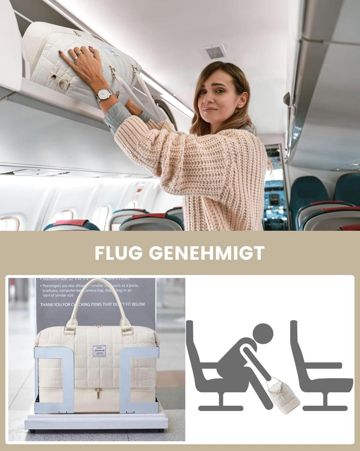 Leichter Weekender Damen Reisetasche mit Schuhfach Nassfach Beige