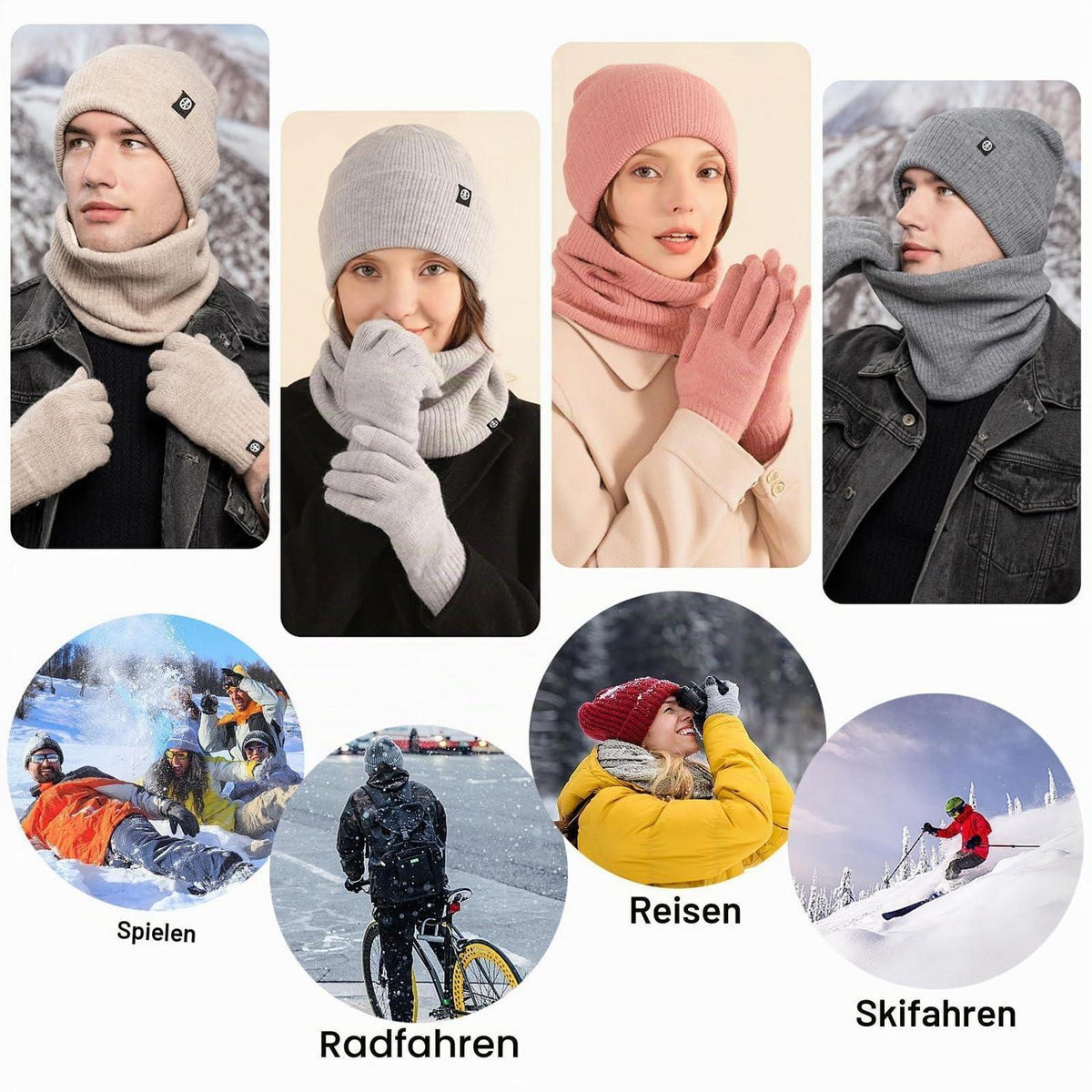 3-teiliges Winterset: Mütze, Schal & Touchscreen-Handschuhe