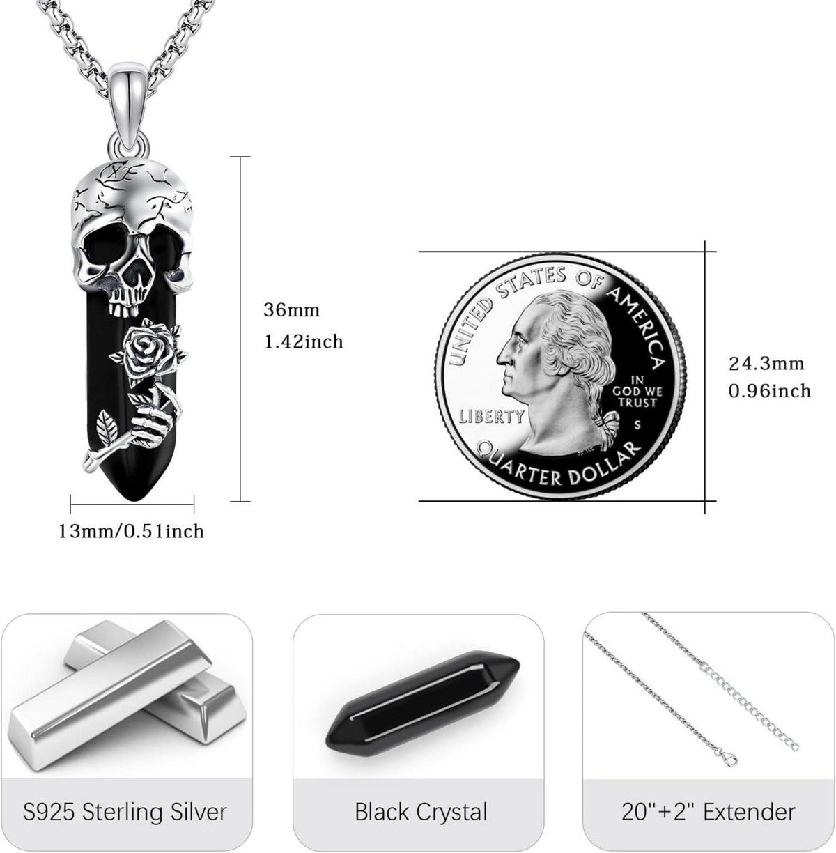 Kristall Rose Totenkopf Halskette Gothic Anhänger Schmuck
