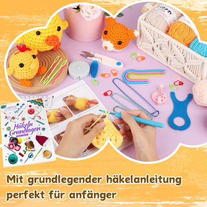 Häkelset für Anfänger, 15 Farben Wolle, Ergonomische Häkelnadeln, Tragbare