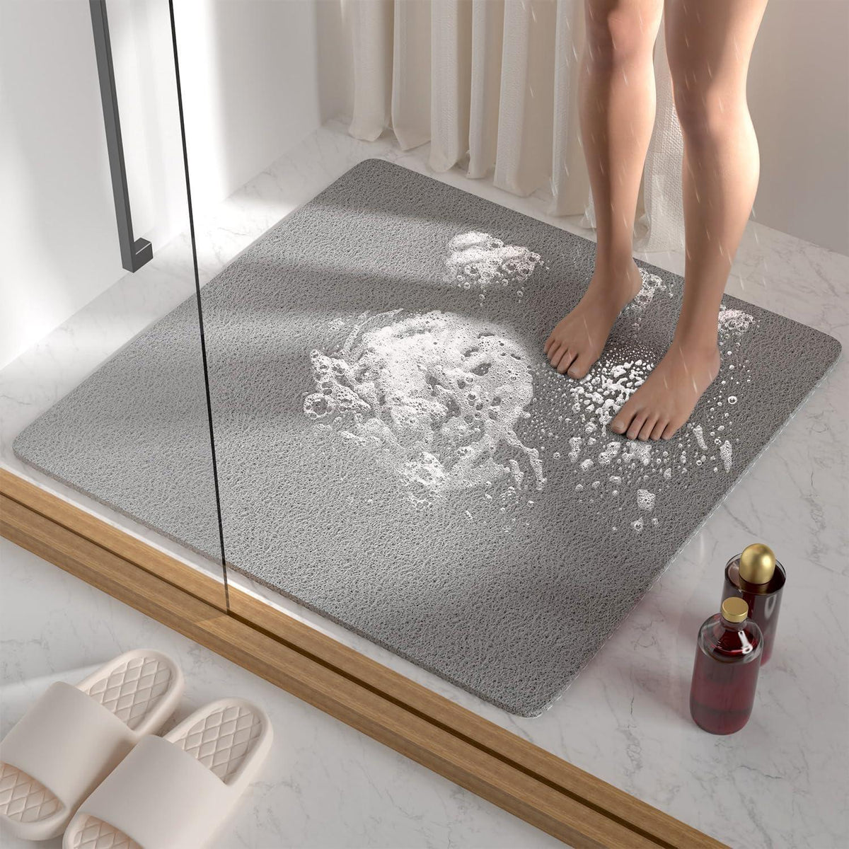 Rutschfeste Duschmatte mit Luffa-Struktur, 68x68cm, Grau