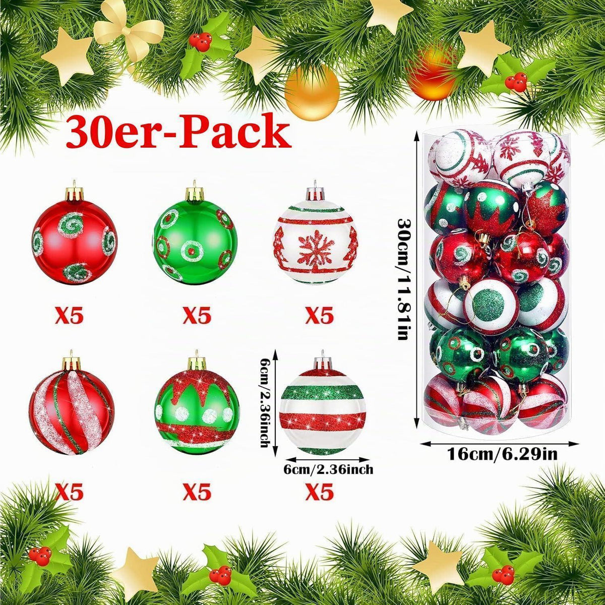 Weihnachtskugeln 30er Set bruchsicher 6cm Rot Grün Silber