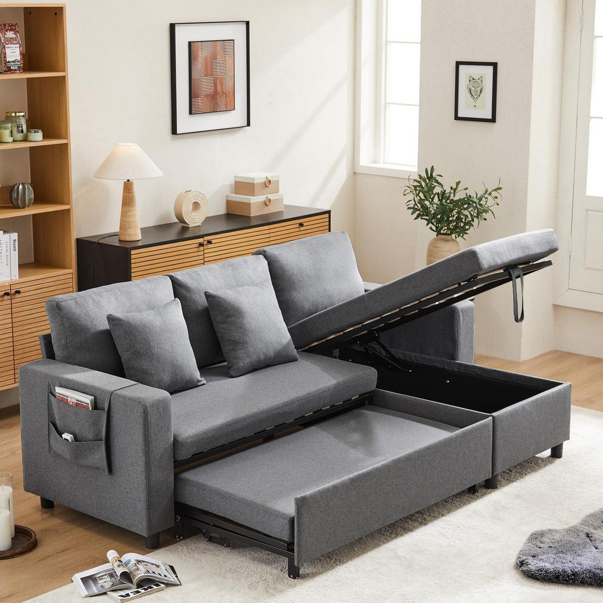 Schlafsofa L-Form Dunkelgrau mit Stauraum & Kissen