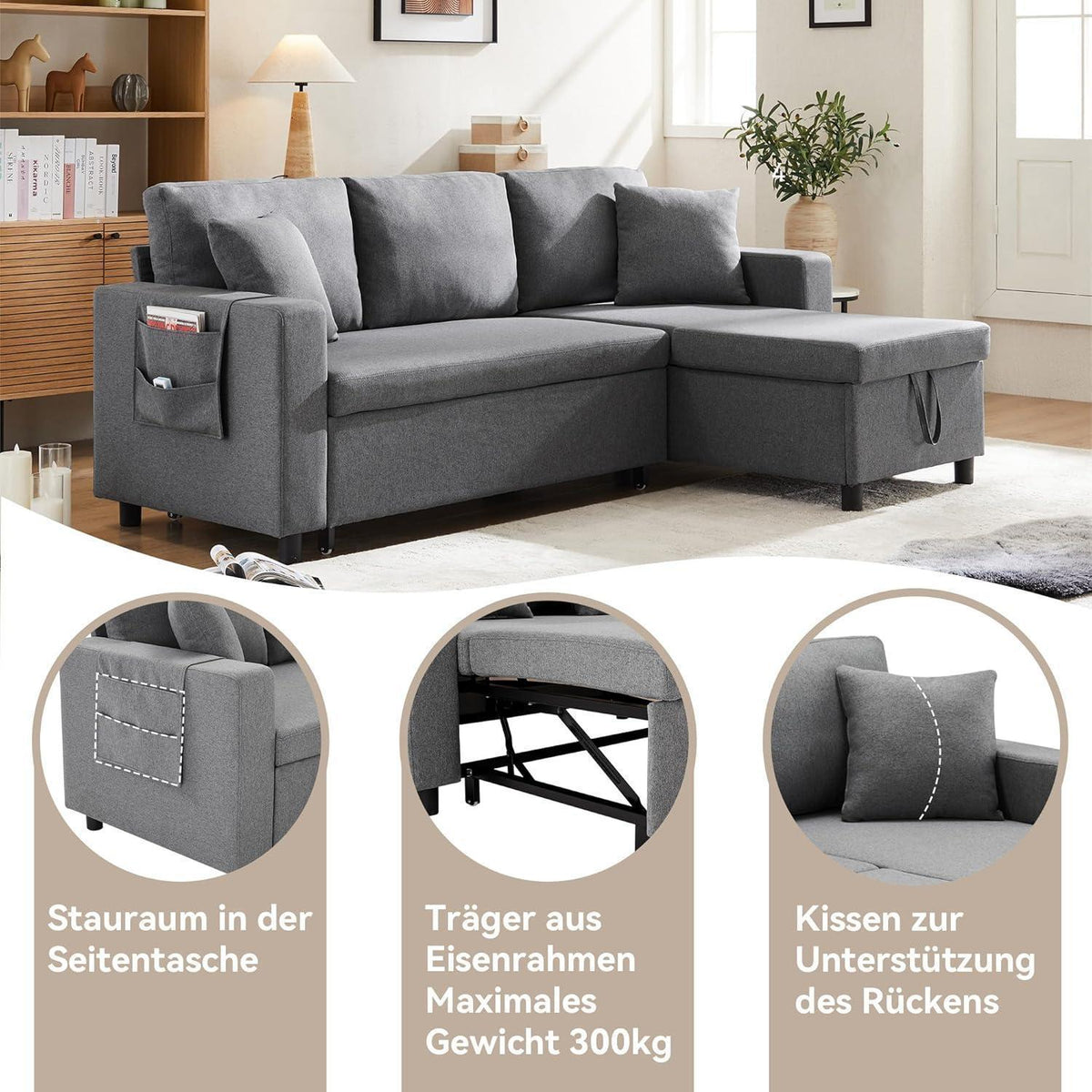 Schlafsofa L-Form Dunkelgrau mit Stauraum & Kissen