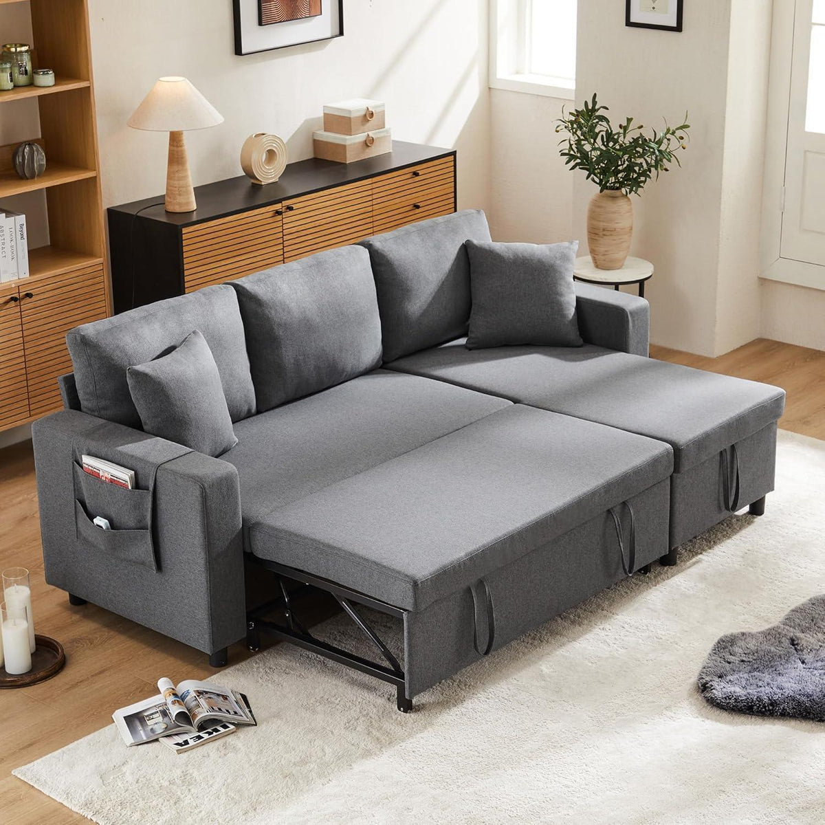 Schlafsofa L-Form Dunkelgrau mit Stauraum & Kissen