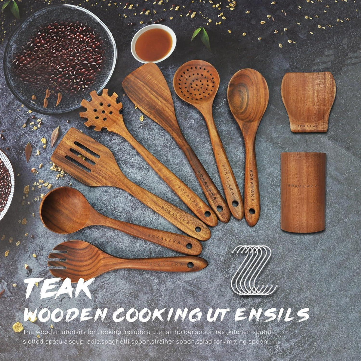 9-teiliges Holz Küchenutensilien Set aus Teakholz