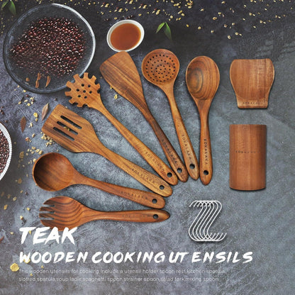 9-teiliges Holz Küchenutensilien Set aus Teakholz