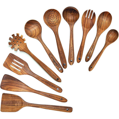 10-teiliges Holzlöffel-Set aus Teakholz – Küchenutensilien