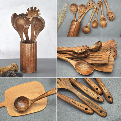 10-teiliges Holzlöffel-Set aus Teakholz – Küchenutensilien