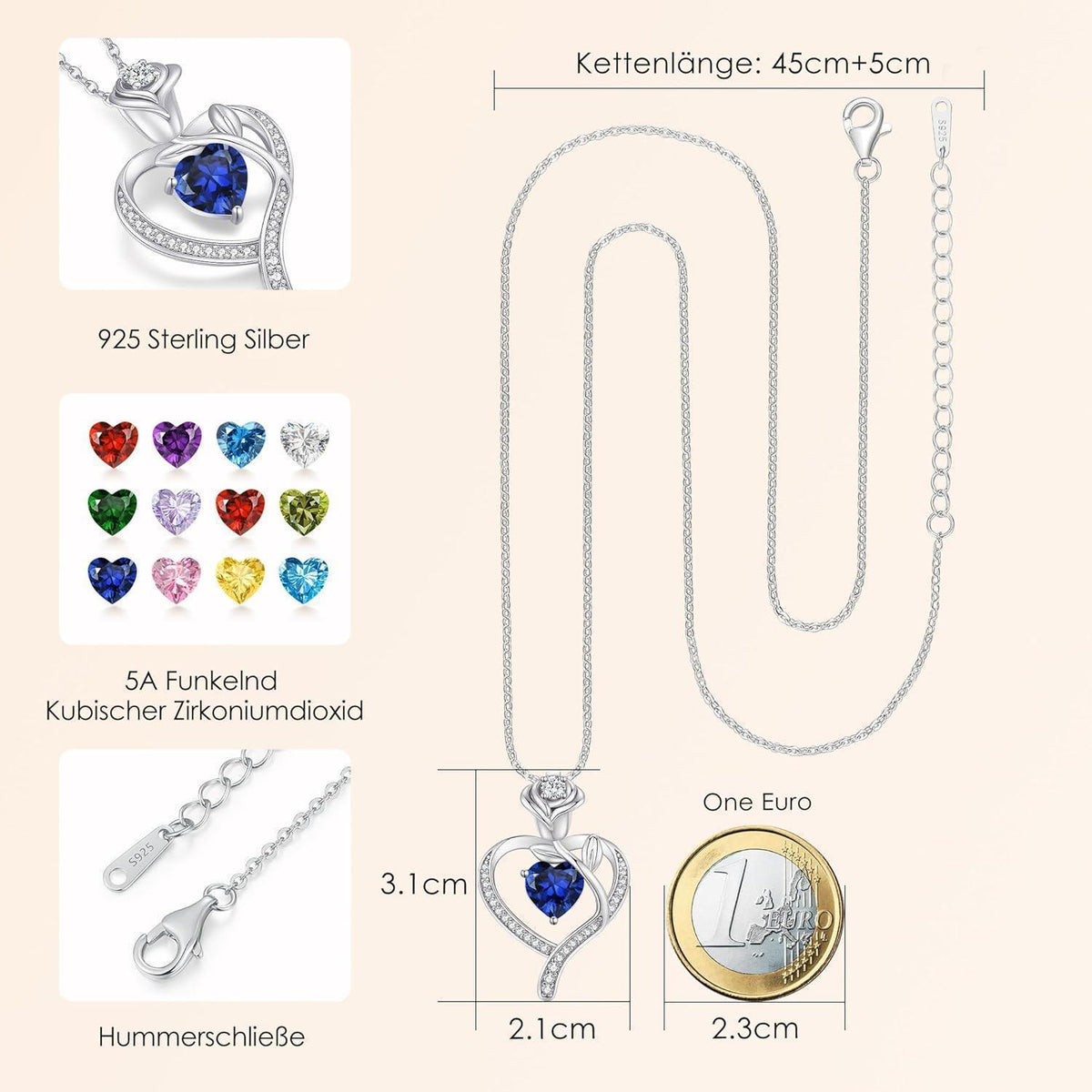 Herz Halskette Damen Rosegold Sterling Silber 925 mit Geburtsstein