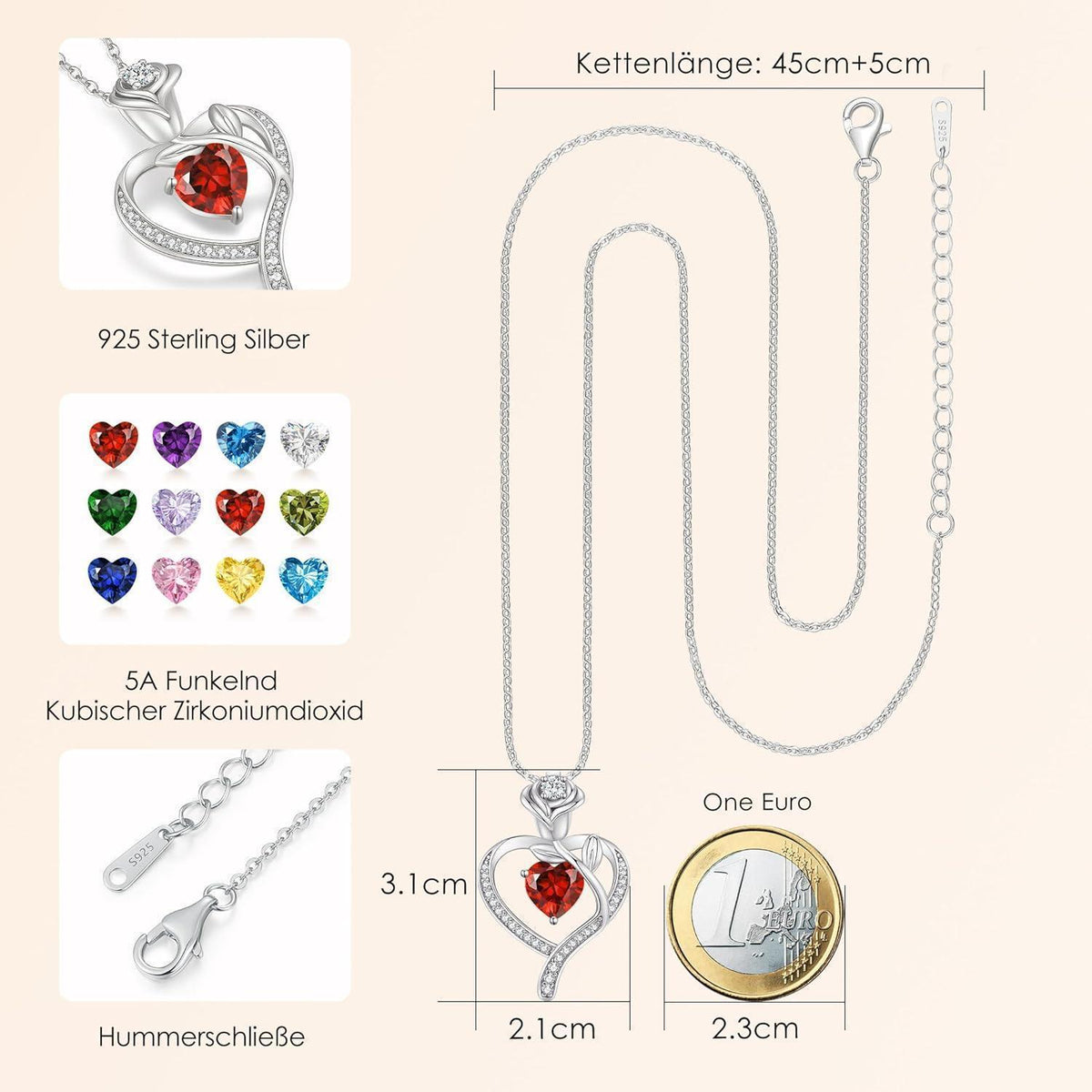 Herz Halskette Rosegold mit Geburtsstein Sterling Silber 925 Damen