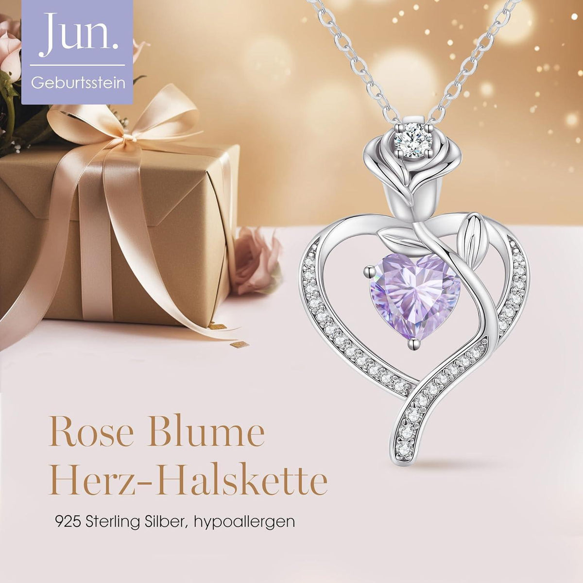 Herz Halskette Rosegold mit Geburtsstein aus 925 Sterling Silber