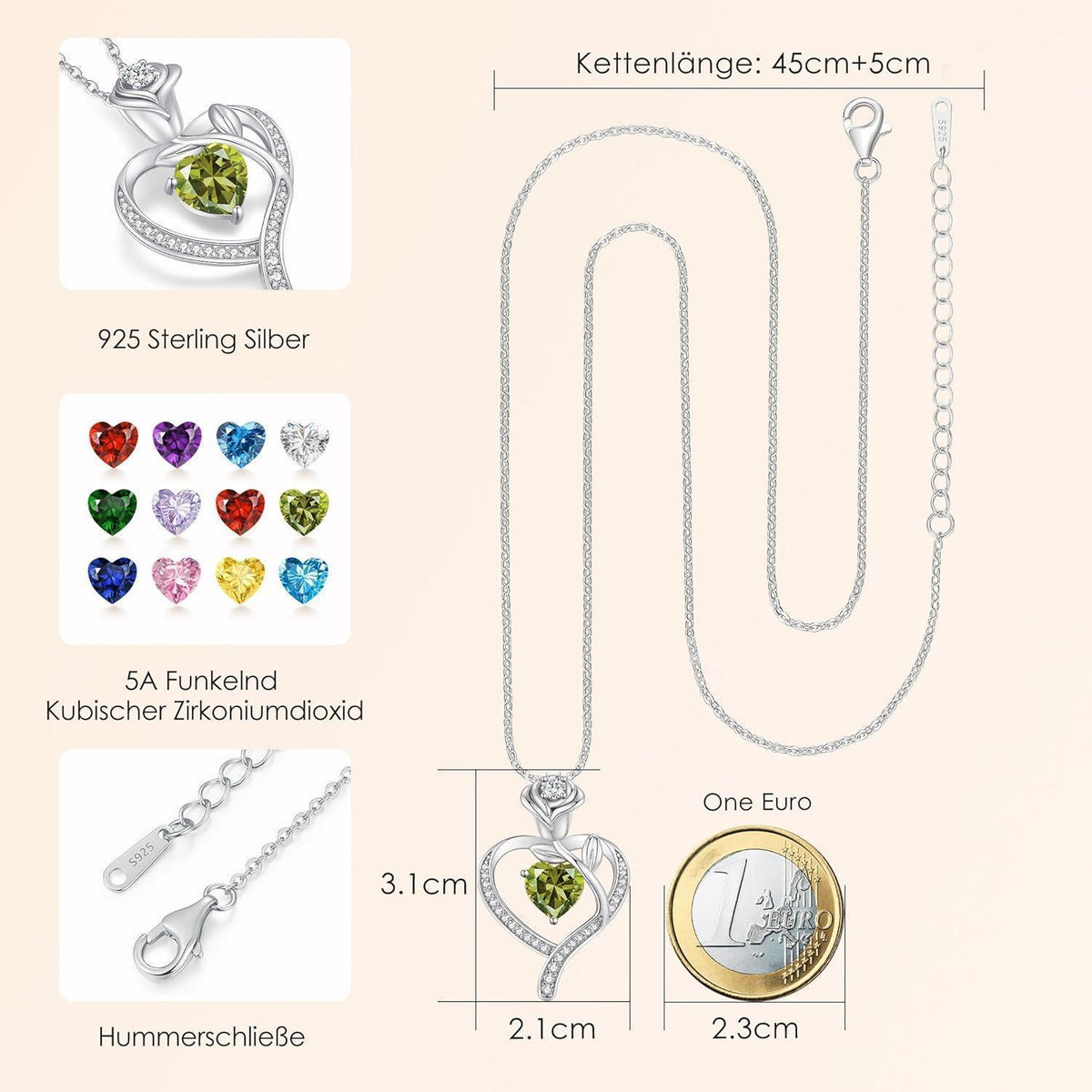 Halskette Damen Rosegold Herz mit Geburtsstein Sterling Silber 925