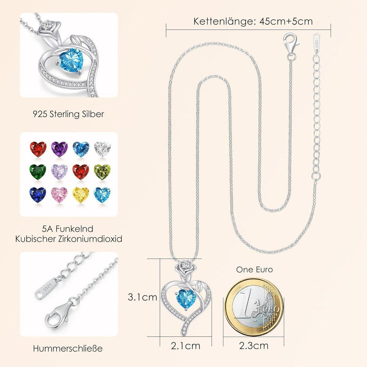 Herz Halskette Damen Rosegold Sterling Silber 925 mit Geburtsstein