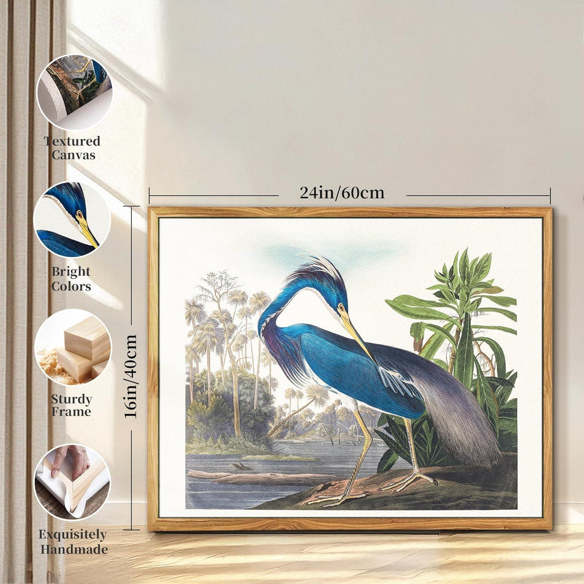 Vintage Vogel Leinwandbild mit Rahmen Holz 40x60cm Wohnzimmer Blau Aesthetic Wanddeko