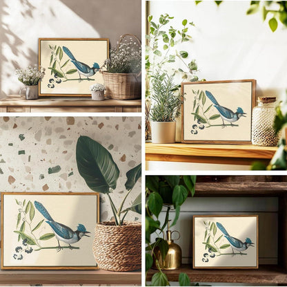 Vintage Vogel Leinwandbilder mit Rahmen 30x40cm Blauschopfhäher