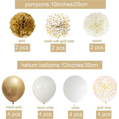 Geburtstagsdeko Set Weiß Gold – Girlande, Ballons, Pompoms