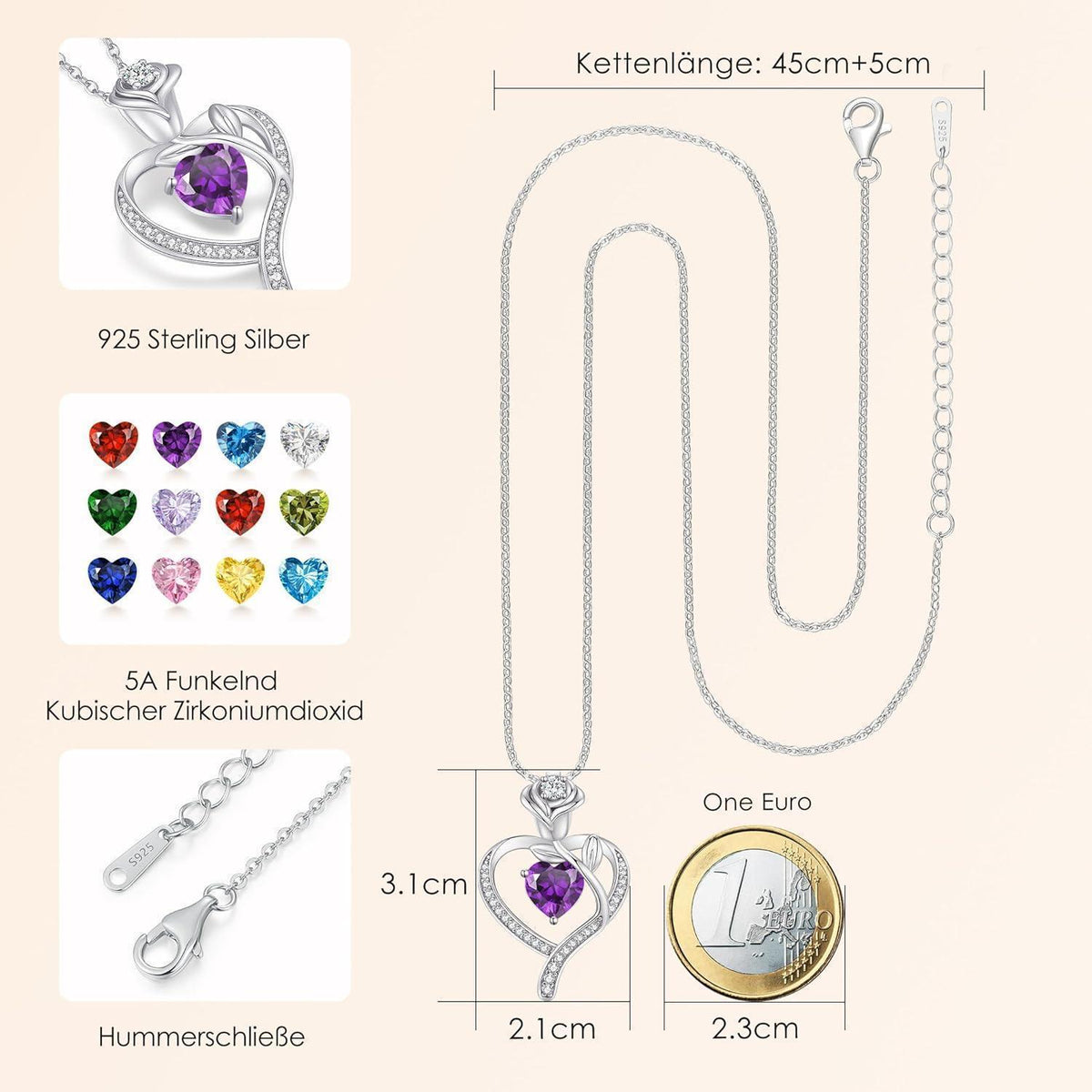 Herz Halskette Damen Rosegold mit Geburtsstein aus 925 Sterling Silber