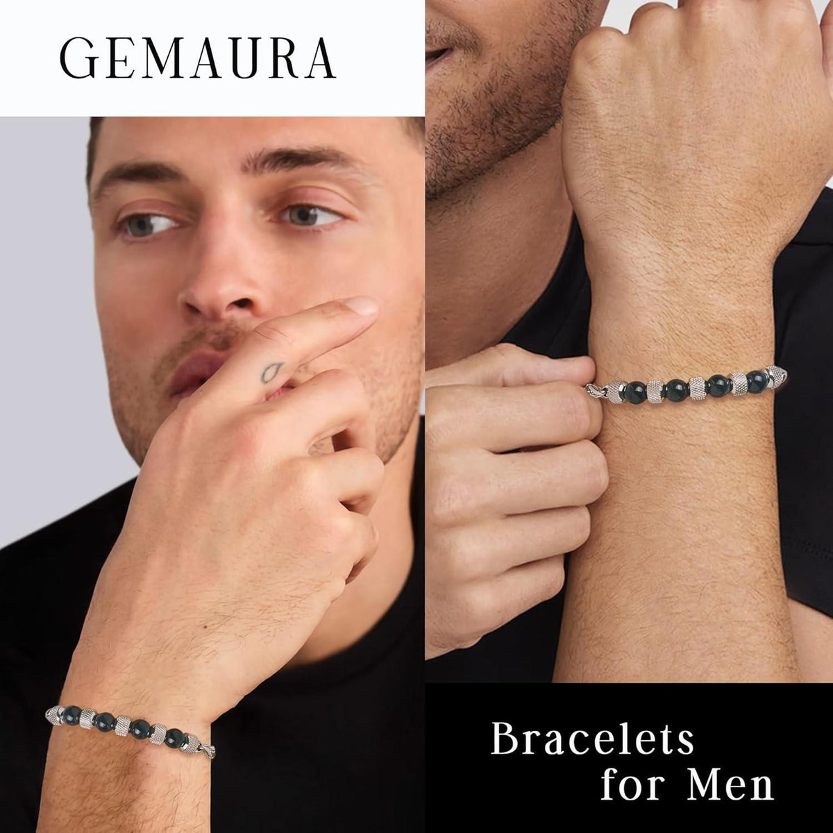 Edelstahl Perlenarmband für Herren Tigerauge Schwarz Achat