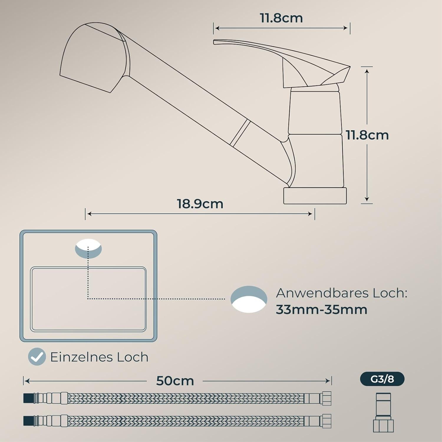 Schwarzer Edelstahl Wasserhahn Küche mit Brause 360° - Einhebelmischer