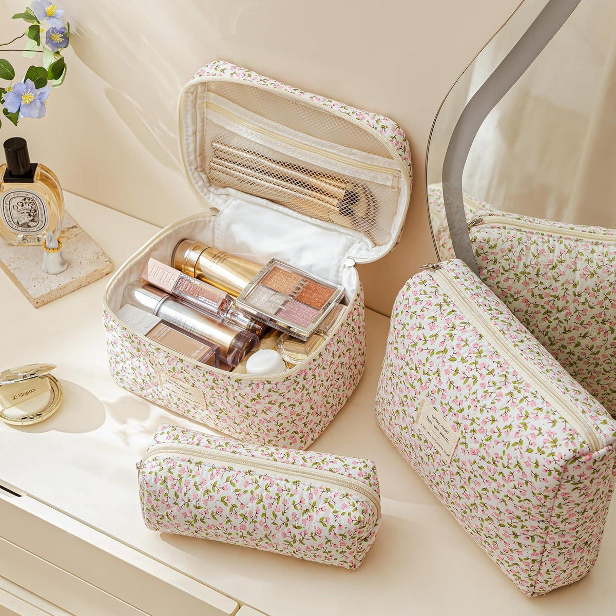 Kosmetiktaschen Set 3 Stück Blumen Muster Aesthetic Kulturtasche Damen