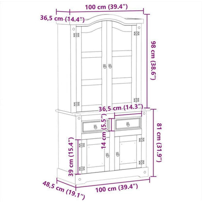 Massivholz Vitrine Kiefer 100x48,5x179 cm mit Glastüren