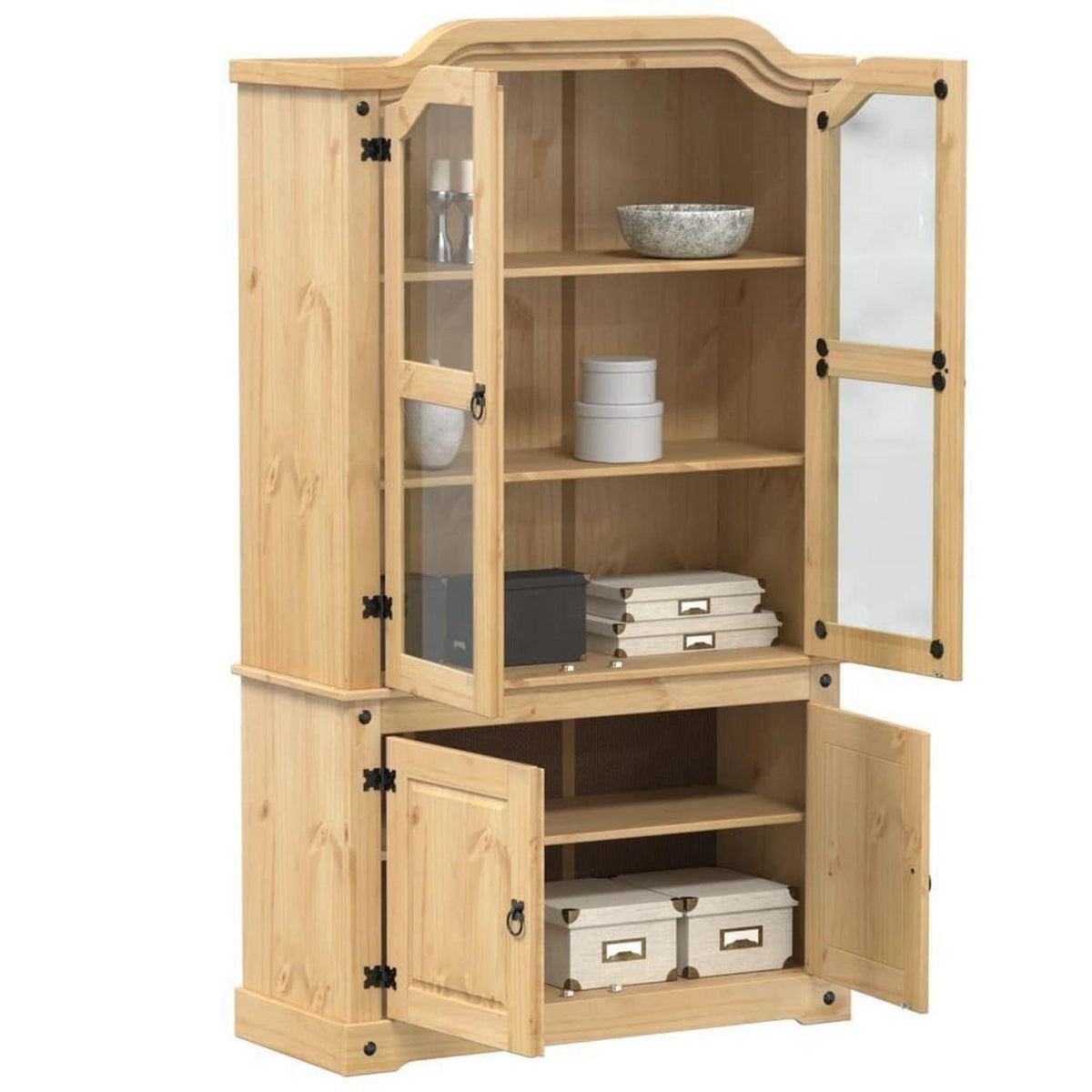 Kiefernholz Glasvitrine | Hochschrank für Wohnzimmer & Büro