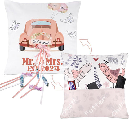 Hochzeitsgeschenk Kissenbezug 45x45 mit Taschen Geld Deko Wedding