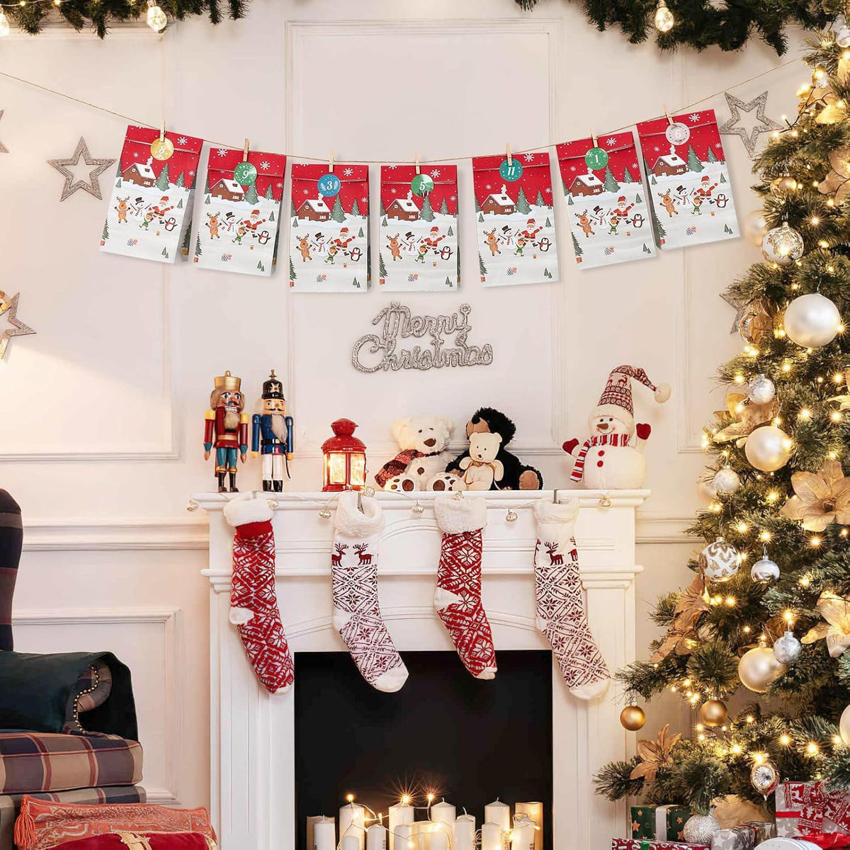 Adventskalender zum Befüllen 24 Tüten Aufkleber Holzklemme Rot