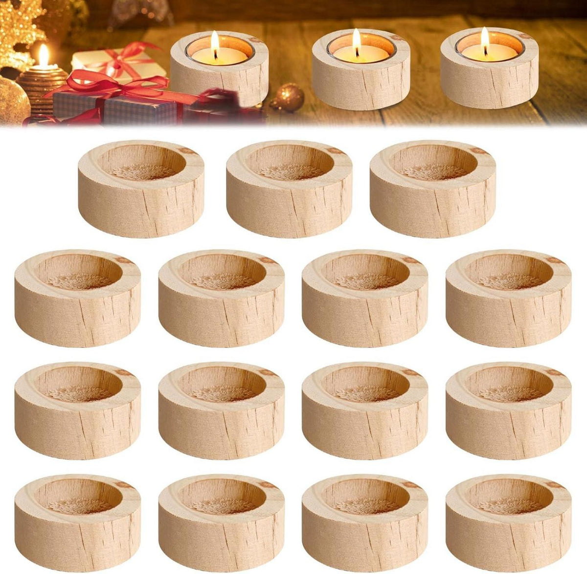 15er Set Holz Teelichthalter - Rustikale Votivkerzenhalter