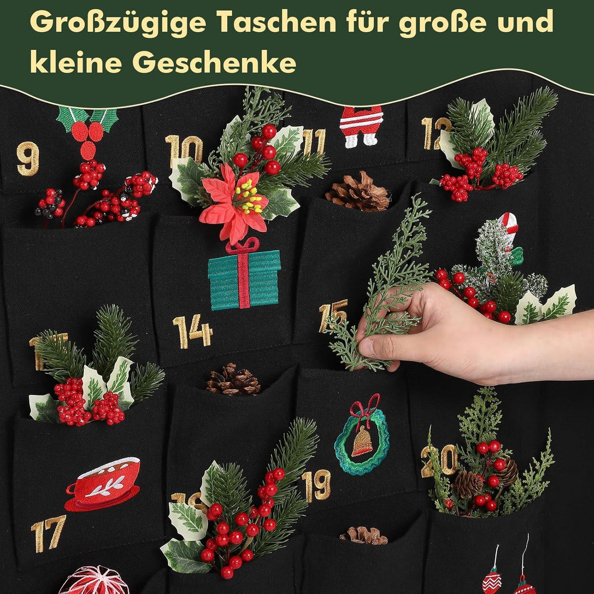 Adventskalender 2024 zum Befüllen 70x130cm Stoff Schwarz Weihnachtsdeko