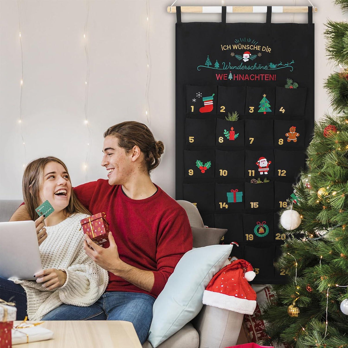 Adventskalender 2024 zum Befüllen 70x130cm Stoff Schwarz Weihnachtsdeko