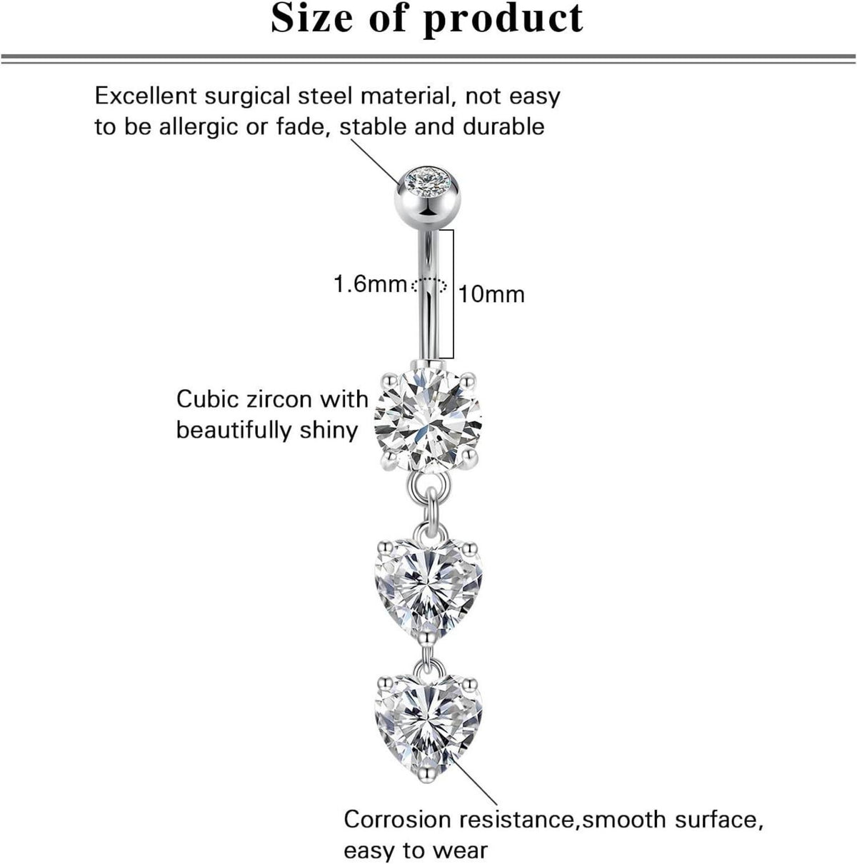 Herz Bauchnabelpiercing Set Edelstahl CZ 14G 10mm Silber