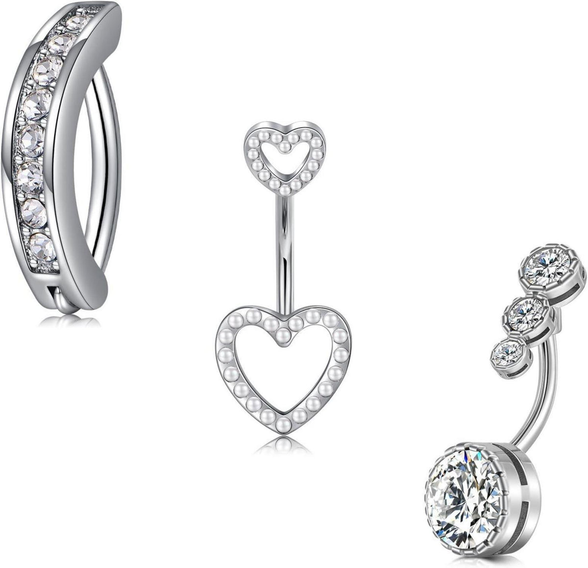 3stk Bauchnabelpiercing Herz Edelstahl CZ 14G 10mm Silber Gold