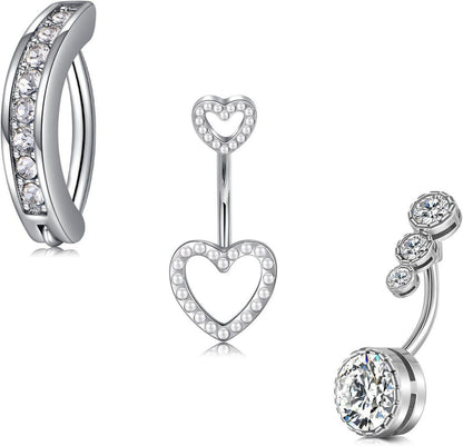 3stk Bauchnabelpiercing Herz Edelstahl CZ 14G 10mm Silber Gold