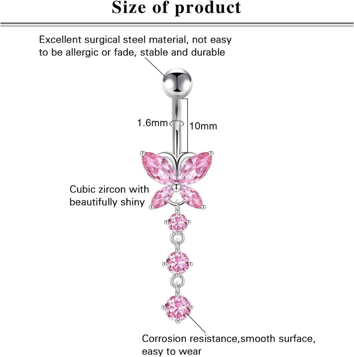 3stk Bauchnabelpiercing Herz Edelstahl CZ 14G 10mm Piercing