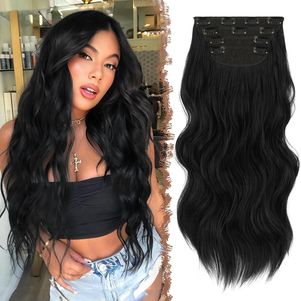 Schwarz gewellte Haarverlängerung mit Clips – 50cm Synthetik