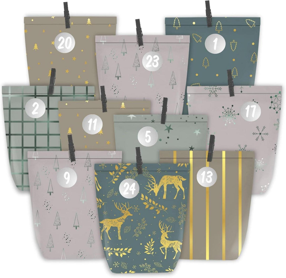 Adventskalender Papiertüten zum Befüllen 24 Weihnachtskalender Grün