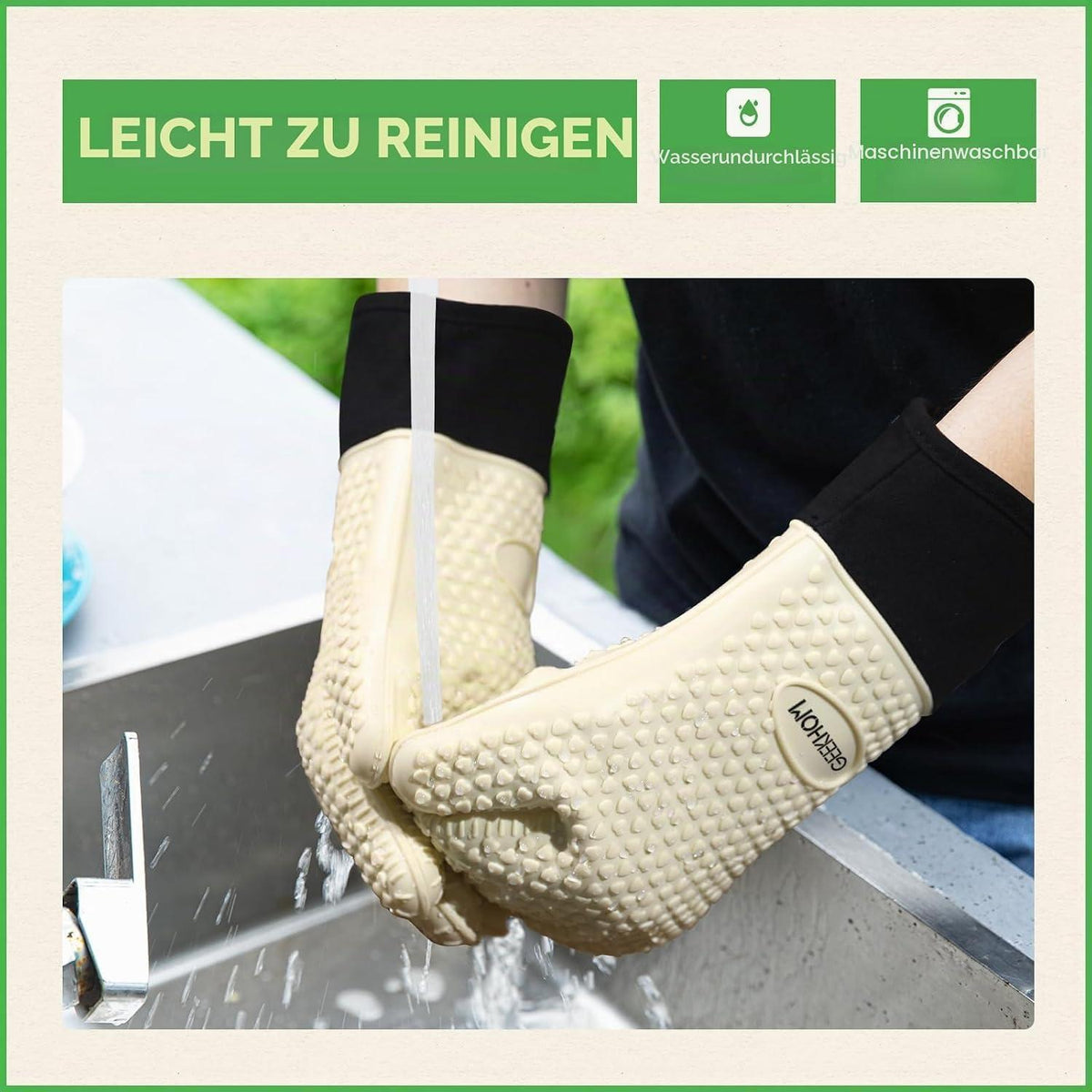 Hitzebeständige Silikon Grillhandschuhe mit Finger – Beige