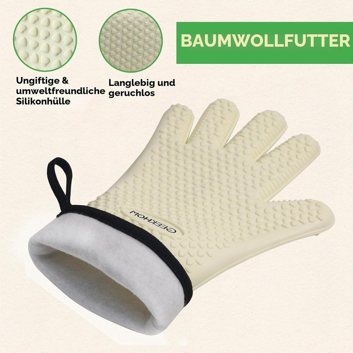 Hitzebeständige Silikon Grillhandschuhe mit Finger – Beige
