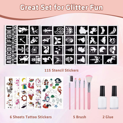 Glitzer Tattoo Set Kinder 18 Farben 115 Schablonen 2 Kleber 5 Pinsel