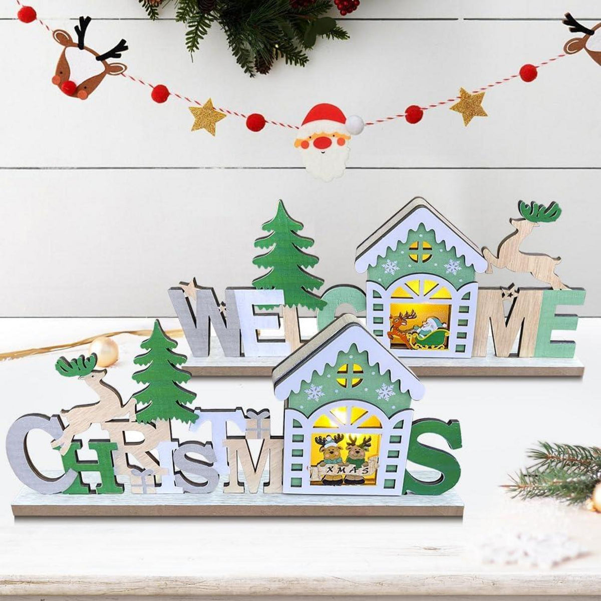 Weihnachtsdeko Tisch LED aus Holz Schriftzug Beleuchtet
