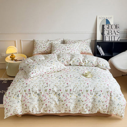 Baumwoll Bettwäsche Set Blumen Beige Rosa 220x240 cm
