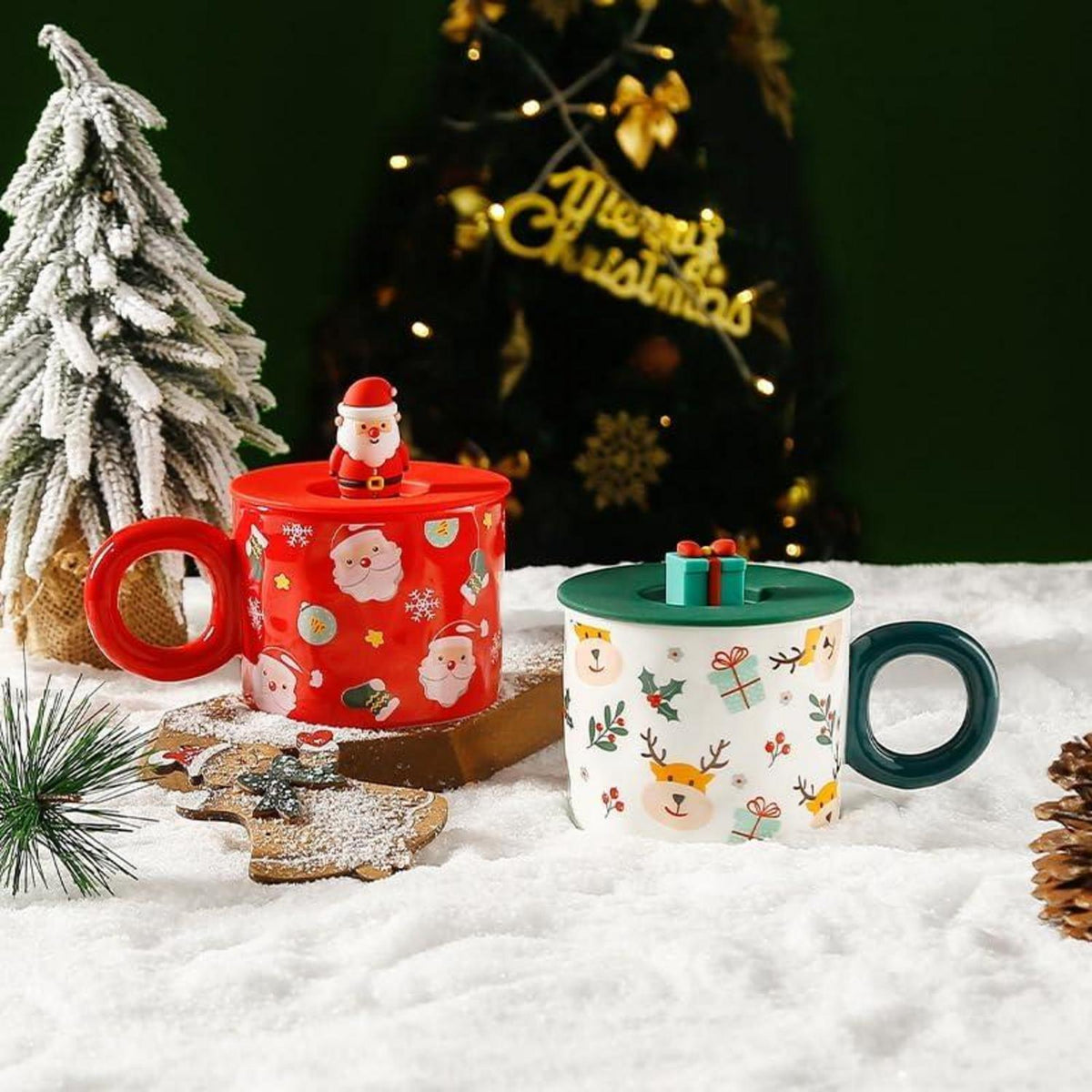 Weihnachtstasse Keramik Kaffeetasse Deckel 420ML Weihnachtsmotiv