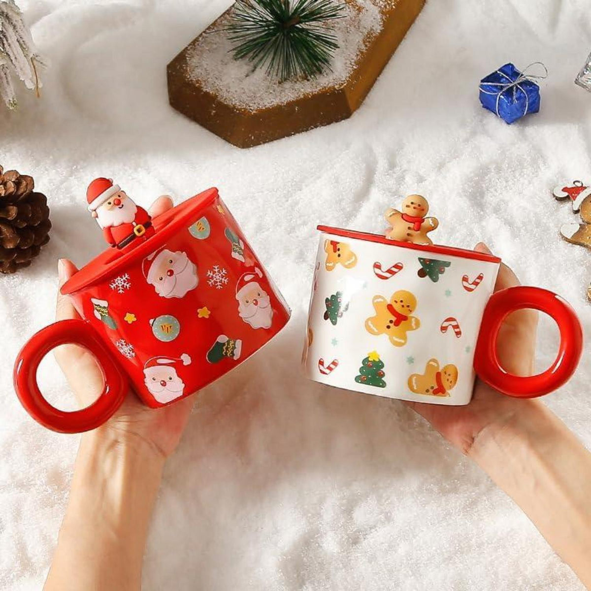 Keramik Weihnachtstasse mit Deckel 420ml für Heiß- & Kaltgetränke