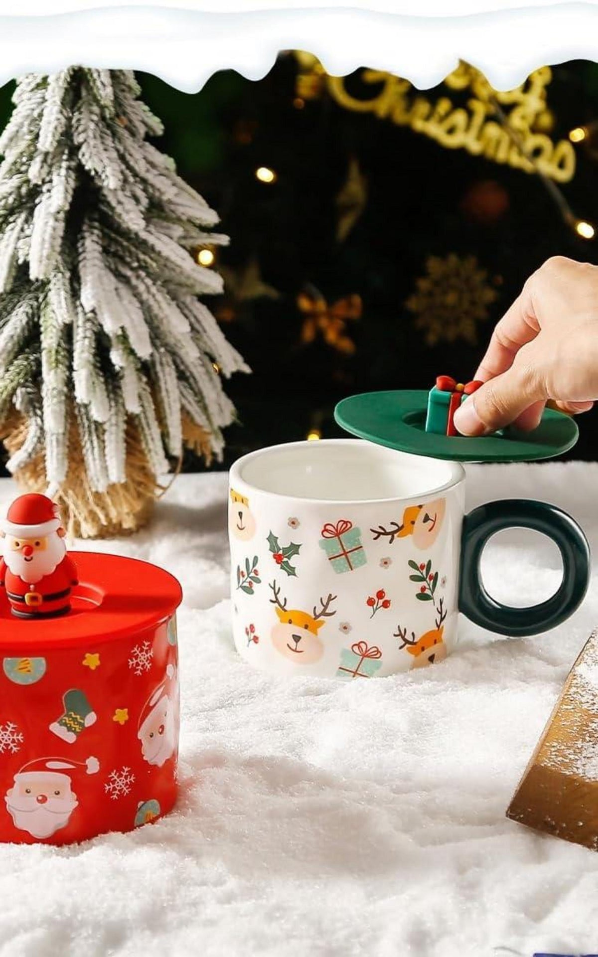 Weihnachtstasse Keramik Kaffeetasse Deckel 420ML Weihnachtsmotiv