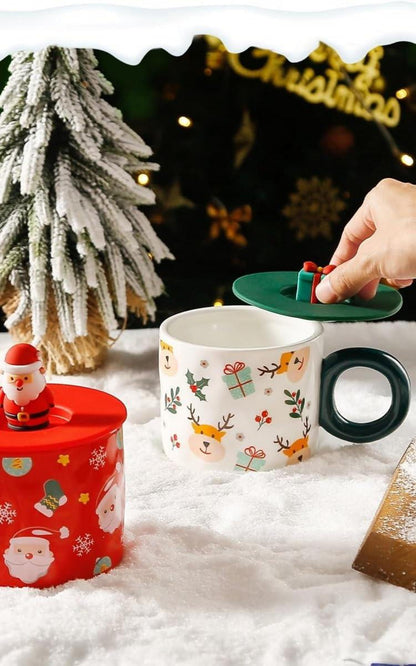 Weihnachtstasse Keramik Kaffeetasse Deckel 420ML Weihnachtsmotiv
